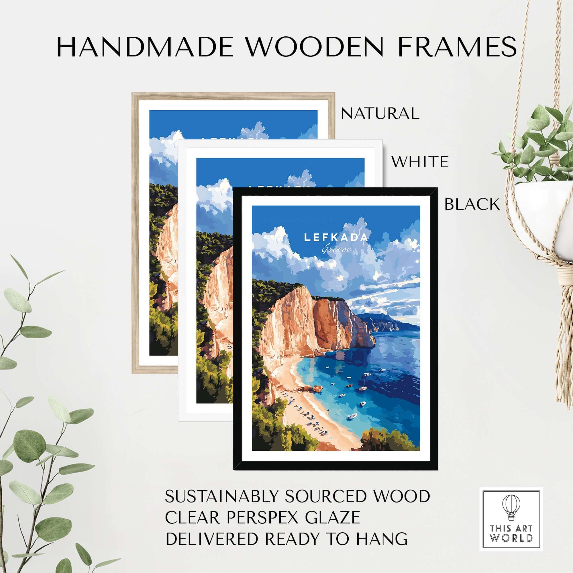 Handmade wooden frames in natural, white, and black showcasing Lefkada Print Greece for display.