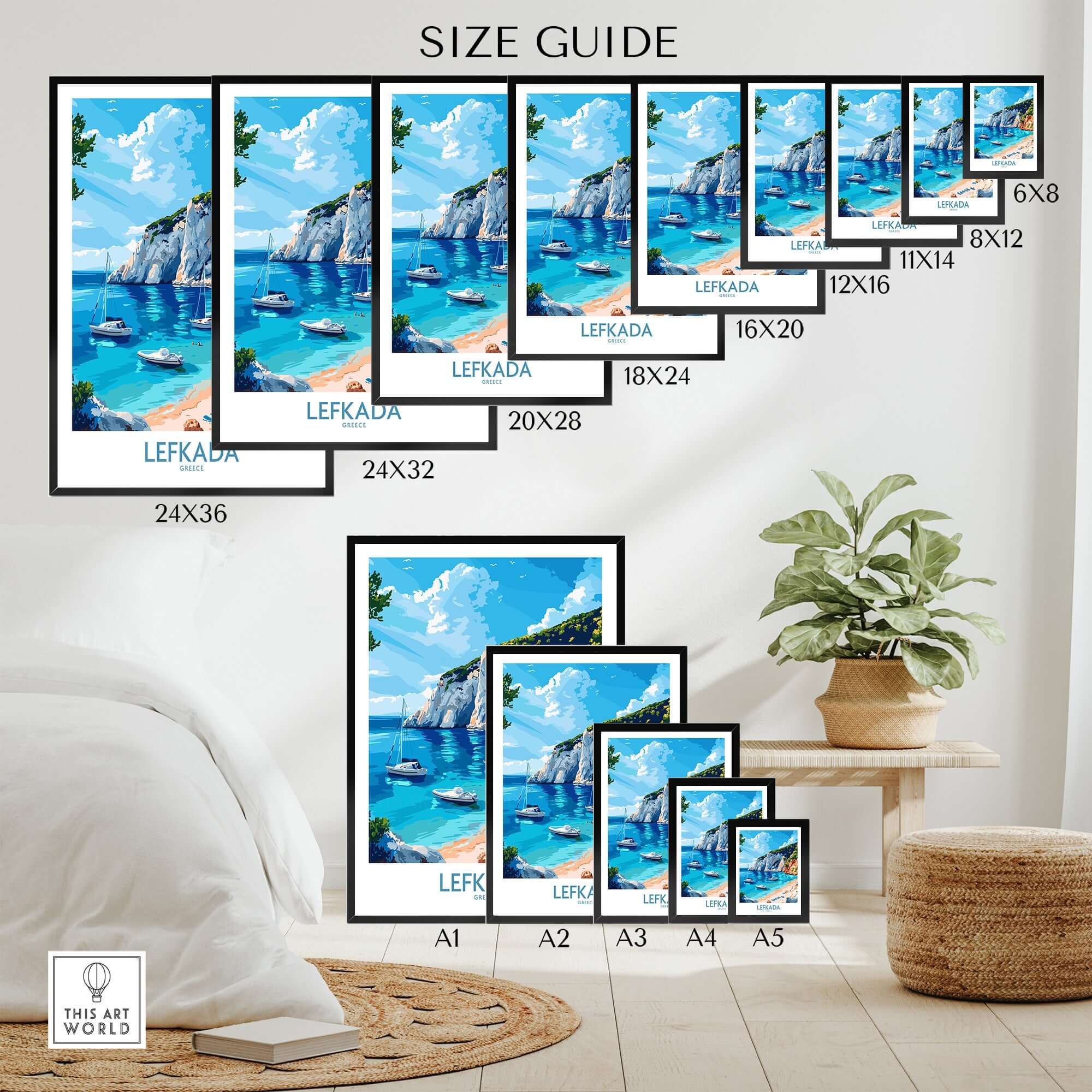 Size guide for Lefkada Travel Poster featuring various dimensions and vibrant beach scene.