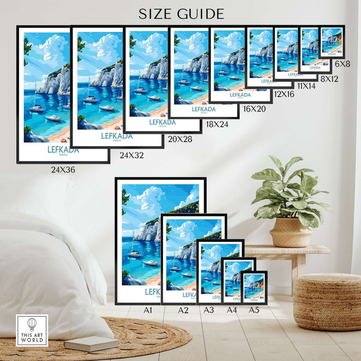 Lefkada Travel Poster size guide showcasing various frame dimensions and beautiful beach scene.