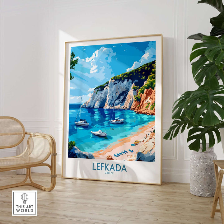 Lefkada travel poster showcasing a stunning beach scene with boats, bringing the beauty of Greece into your home.