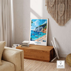 Lefkada Travel Poster featuring a beautiful beach scene in a cozy home setting.