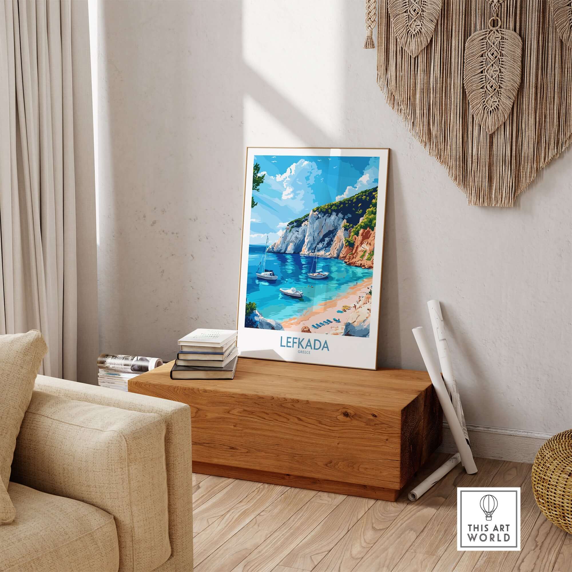Lefkada Travel Poster featuring a beautiful beach scene in a cozy home setting.
