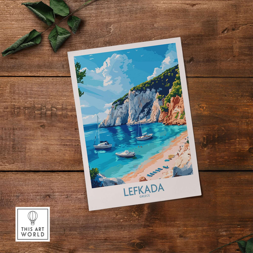 Lefkada travel poster featuring a stunning beach scene with boats and cliffs, showcasing the beauty of Greece.