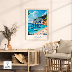 Lefkada Travel Poster showcasing a beautiful beach scene on the island of Lefkada, Greece.