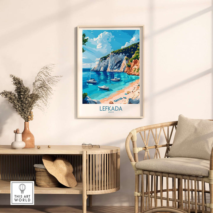 Lefkada travel poster showcasing a stunning beach scene with colorful cliffs and boats, perfect for home decor.