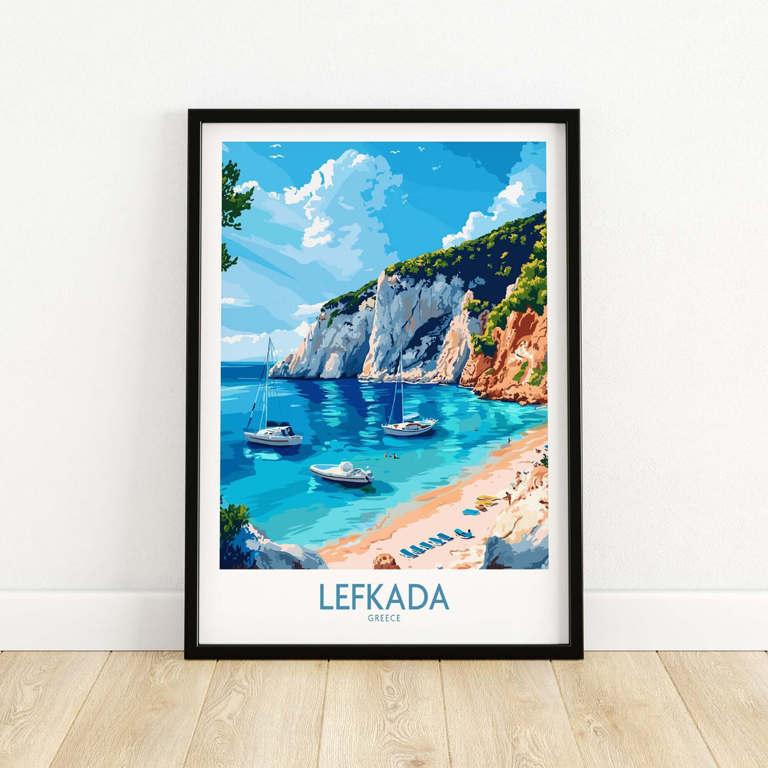 Lefkada travel poster showcasing a beautiful beach scene with boats and cliffs in Greece.