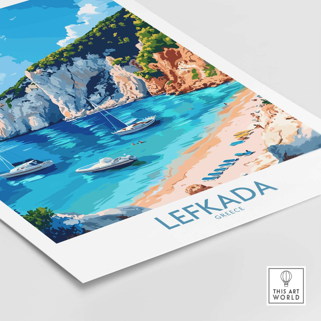 Lefkada travel poster showcasing a beautiful beach scene with boats and cliffs in vibrant colors.