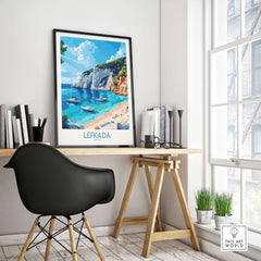 Lefkada Travel Poster featuring a beautiful beach scene in a bright, modern workspace setting.