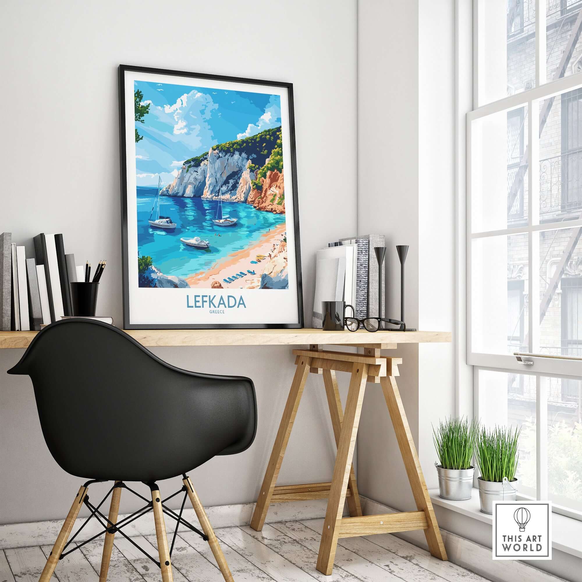 Lefkada Travel Poster featuring a beautiful beach scene in a bright, modern workspace setting.