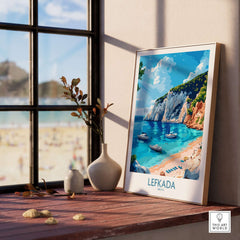 Lefkada Travel Poster displayed in a cozy room, showcasing a beautiful beach scene of Lefkada, Greece.