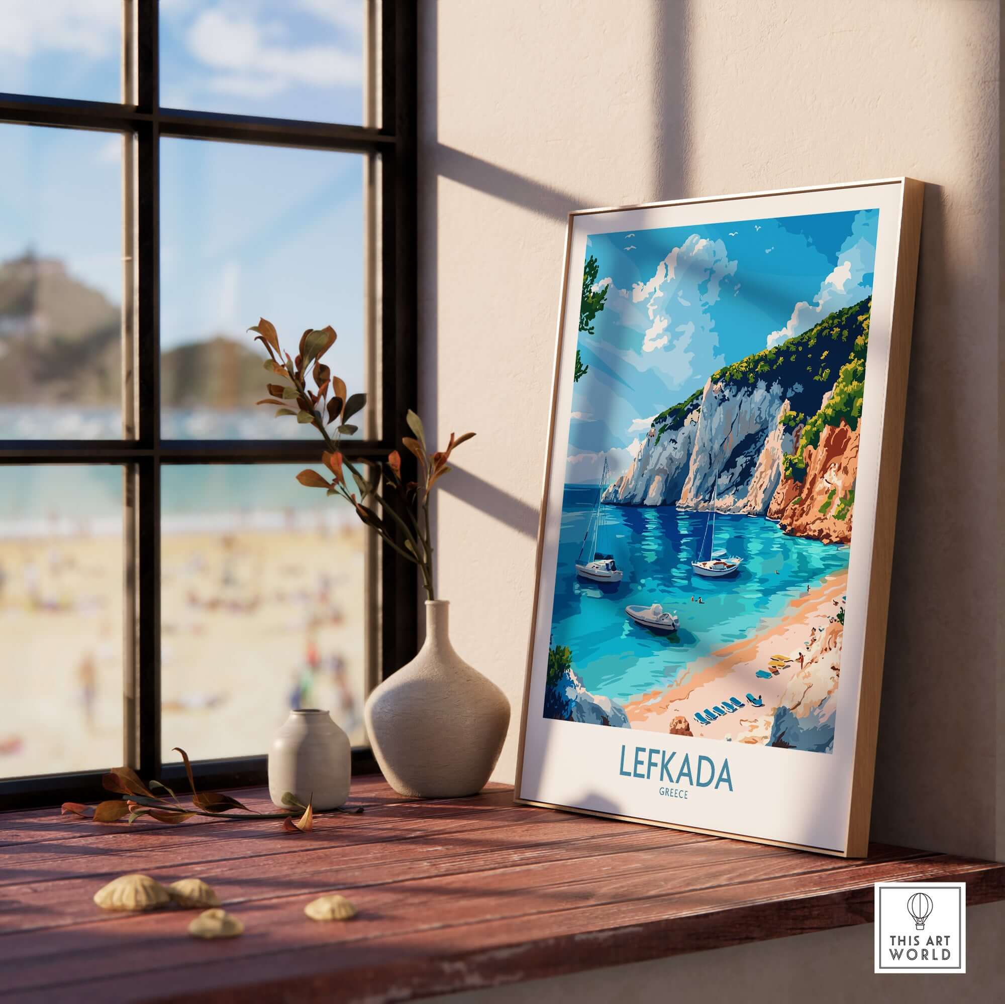 Lefkada Travel Poster displayed in a cozy room, showcasing a beautiful beach scene of Lefkada, Greece.