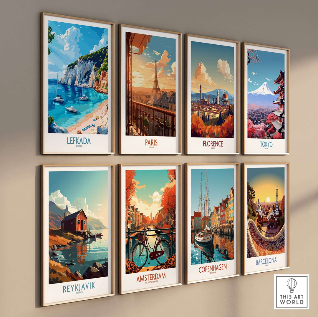 Lefkada travel poster with stunning beach scene, alongside posters of Paris, Florence, Tokyo, and more, on a wall.