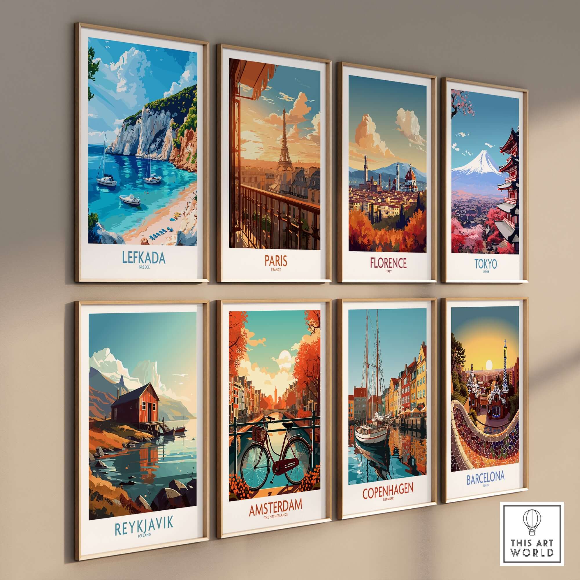 Lefkada Travel Poster featuring beautiful beach scene among other travel posters on wall.