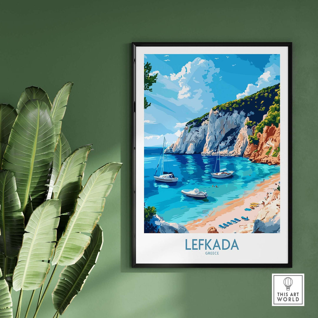 Lefkada travel poster showcasing a beautiful beach scene in Greece with boats and stunning blue waters.