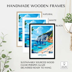 Lefkada Travel Poster featuring stunning beach scene in handmade wooden frames, available in natural, white, and black.