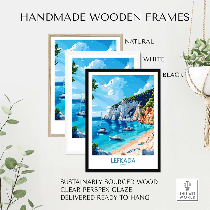 Handmade wooden frames for a Lefkada travel poster featuring natural, white, and black finishes.