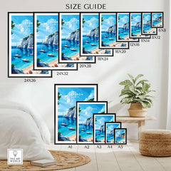 Lefkada Travel Print size guide showcasing various dimensions and framed options for the print.