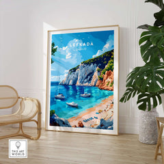 Lefkada Travel Print showcasing stunning views of Lefkada's crystal clear waters and beautiful coastline.