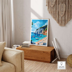 Lefkada Travel Print showcasing the stunning beaches and crystal clear waters of Greece in a stylish home setting.