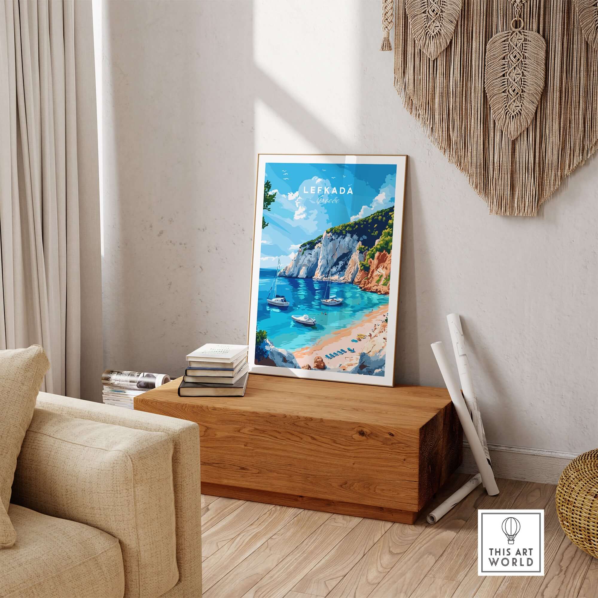 Lefkada Travel Print showcasing the stunning beaches and crystal clear waters of Greece in a stylish home setting.