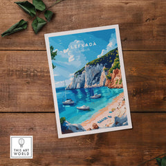 Lefkada Travel Print showcasing crystal clear waters and stunning cliffs of Greece, perfect for home decor.
