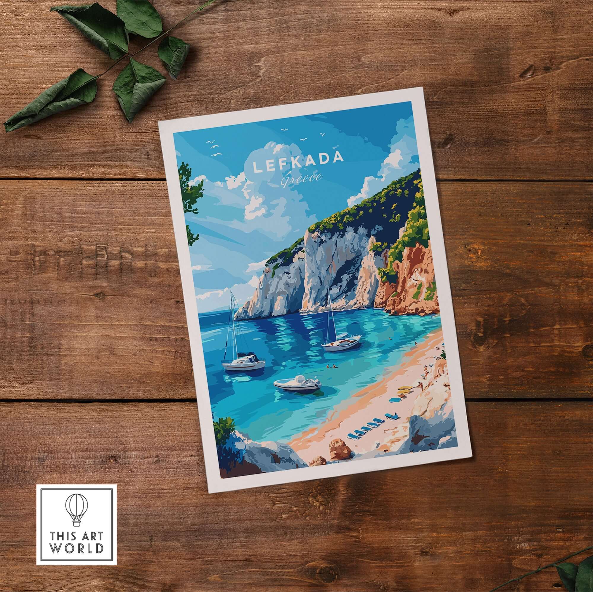 Lefkada Travel Print showcasing crystal clear waters and stunning cliffs of Greece, perfect for home decor.