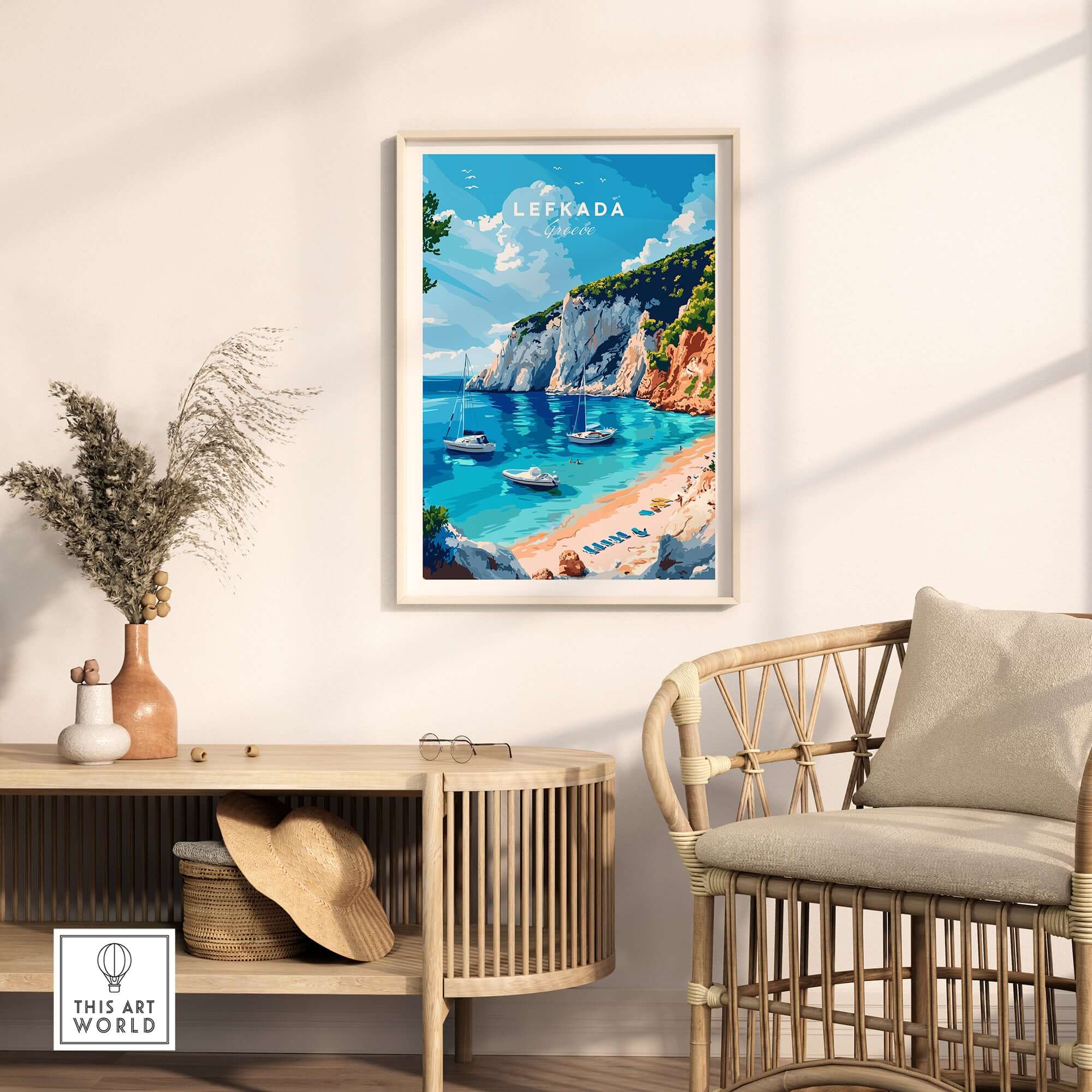 Lefkada Travel Print showcasing crystal clear waters and stunning scenery of Lefkada, Greece in a stylish home setting.
