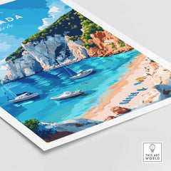 Lefkada Travel Print showcasing beautiful beaches and boats in crystal clear waters of Lefkada, Greece.