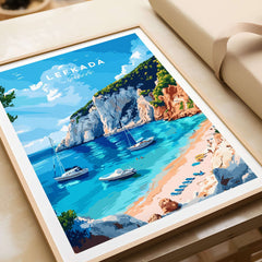 Lefkada Travel Print showcasing the stunning beaches and crystal clear waters of Lefkada, Greece.