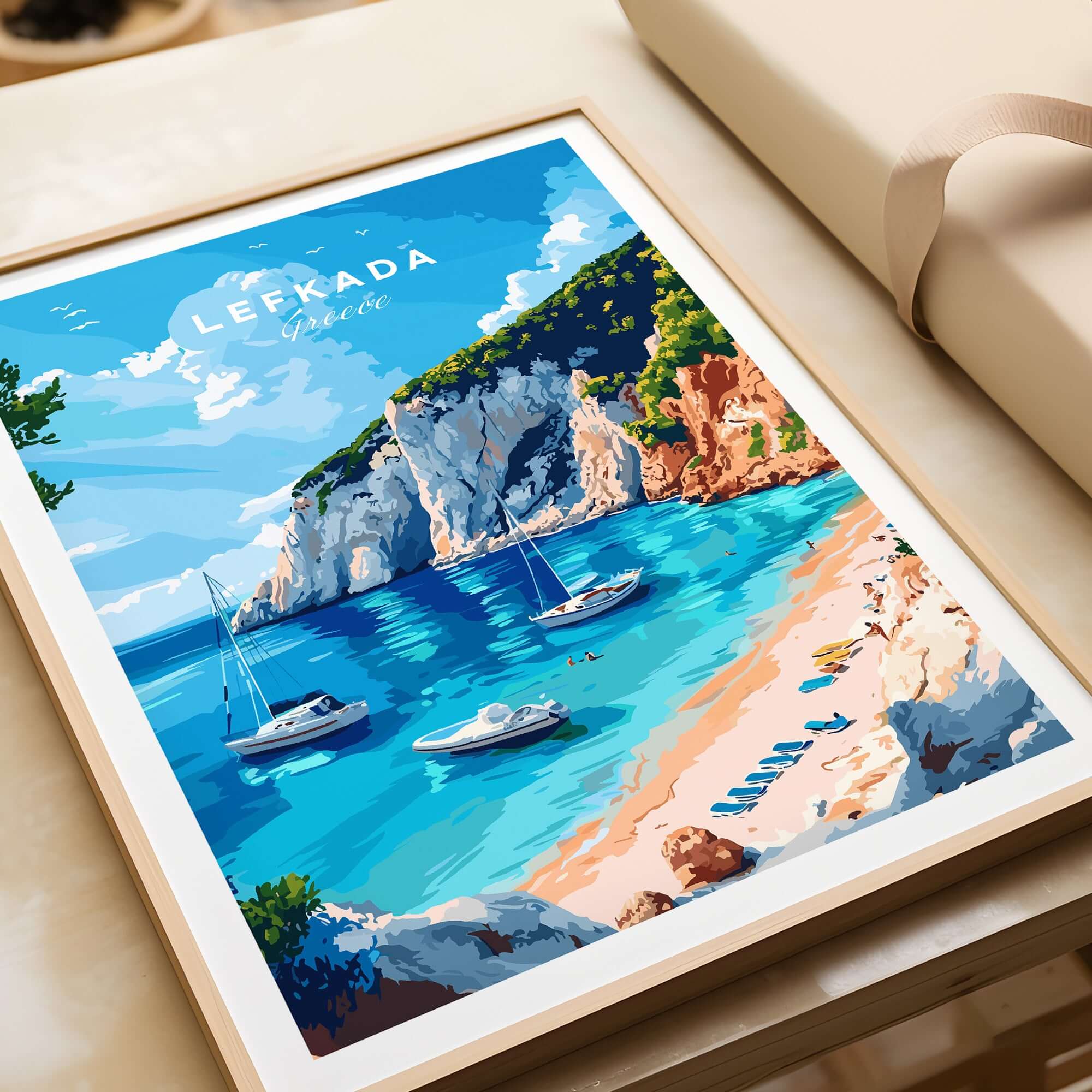 Lefkada Travel Print showcasing the stunning beaches and crystal clear waters of Lefkada, Greece.