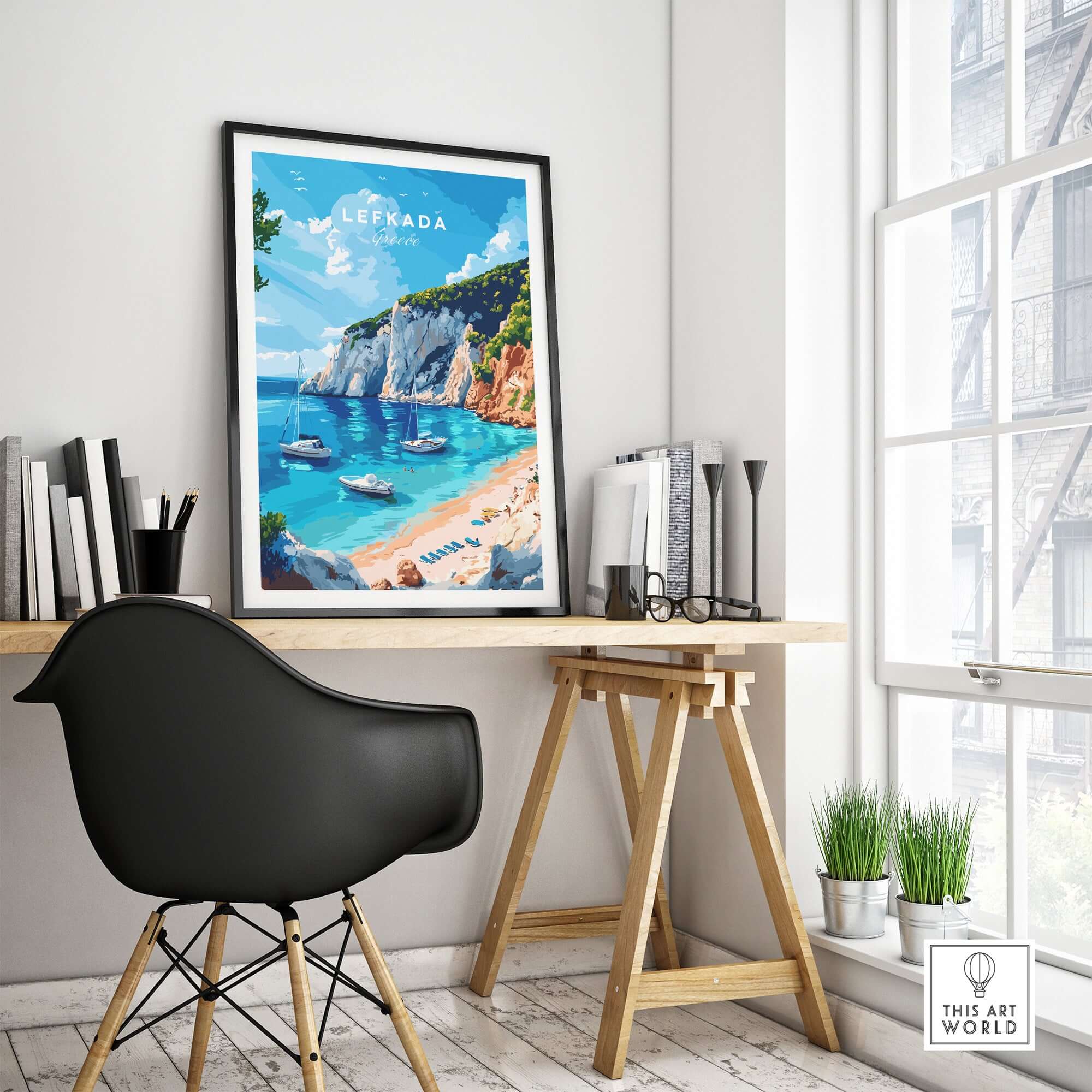 Lefkada Travel Print showcasing beautiful beaches and crystal clear waters in a stylish home office setting.