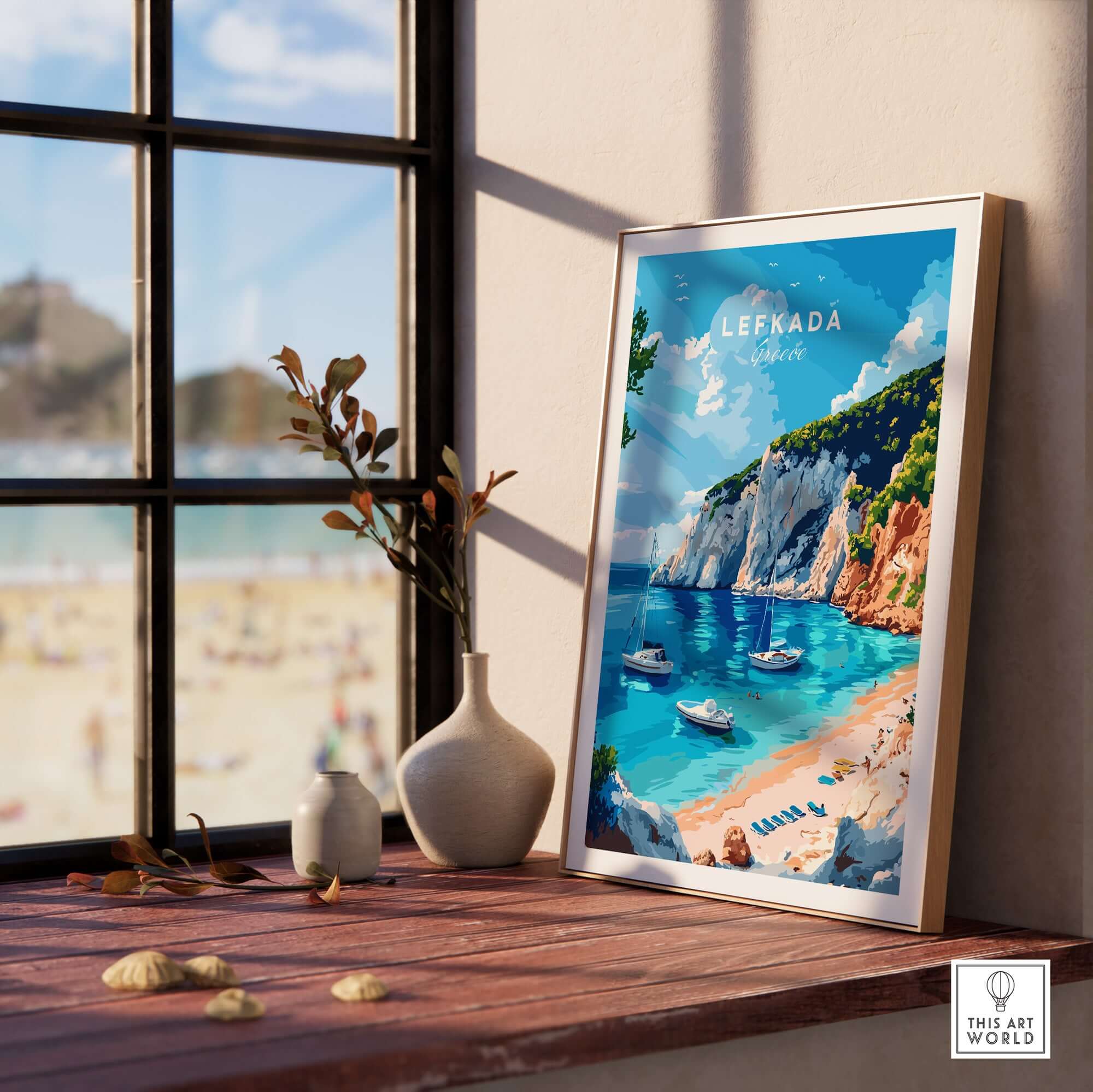 Lefkada Travel Print showcasing beautiful beach scenery with boats and vibrant blue waters.
