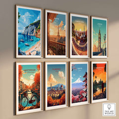 Lefkada Travel Print collection featuring vibrant travel posters from various cities including Lefkada, Paris, and Barcelona.