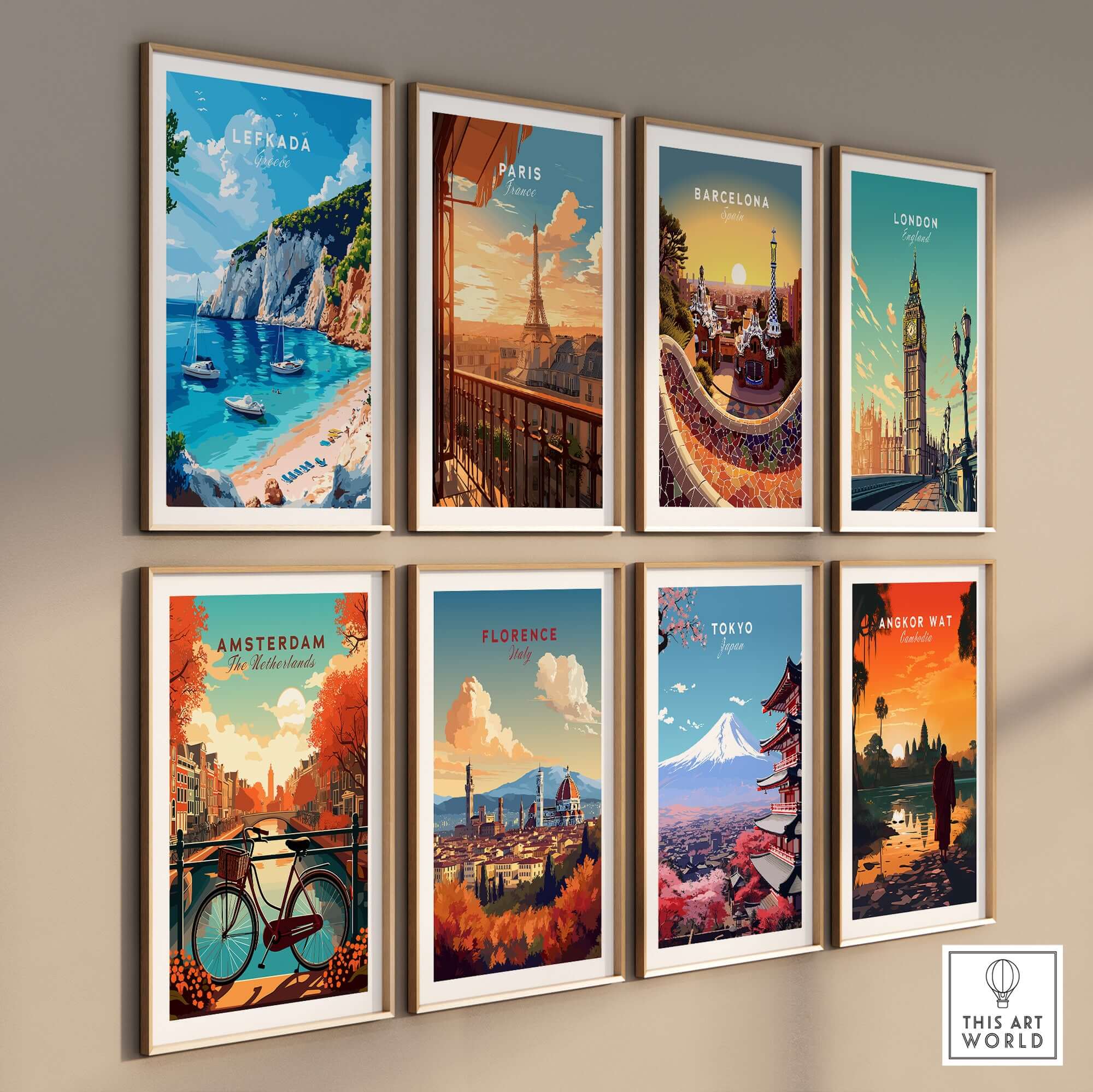 Lefkada Travel Print collection featuring vibrant travel posters from various cities including Lefkada, Paris, and Barcelona.