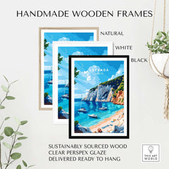 Lefkada Travel Print displayed in handmade wooden frames in natural, white, and black finishes.
