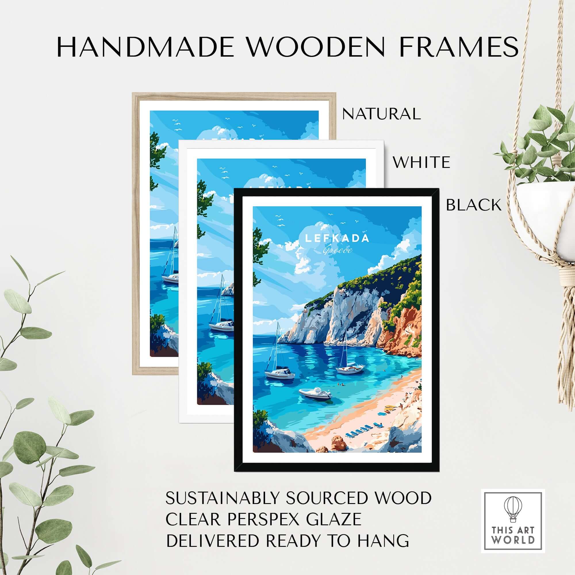 Lefkada Travel Print displayed in handmade wooden frames in natural, white, and black finishes.
