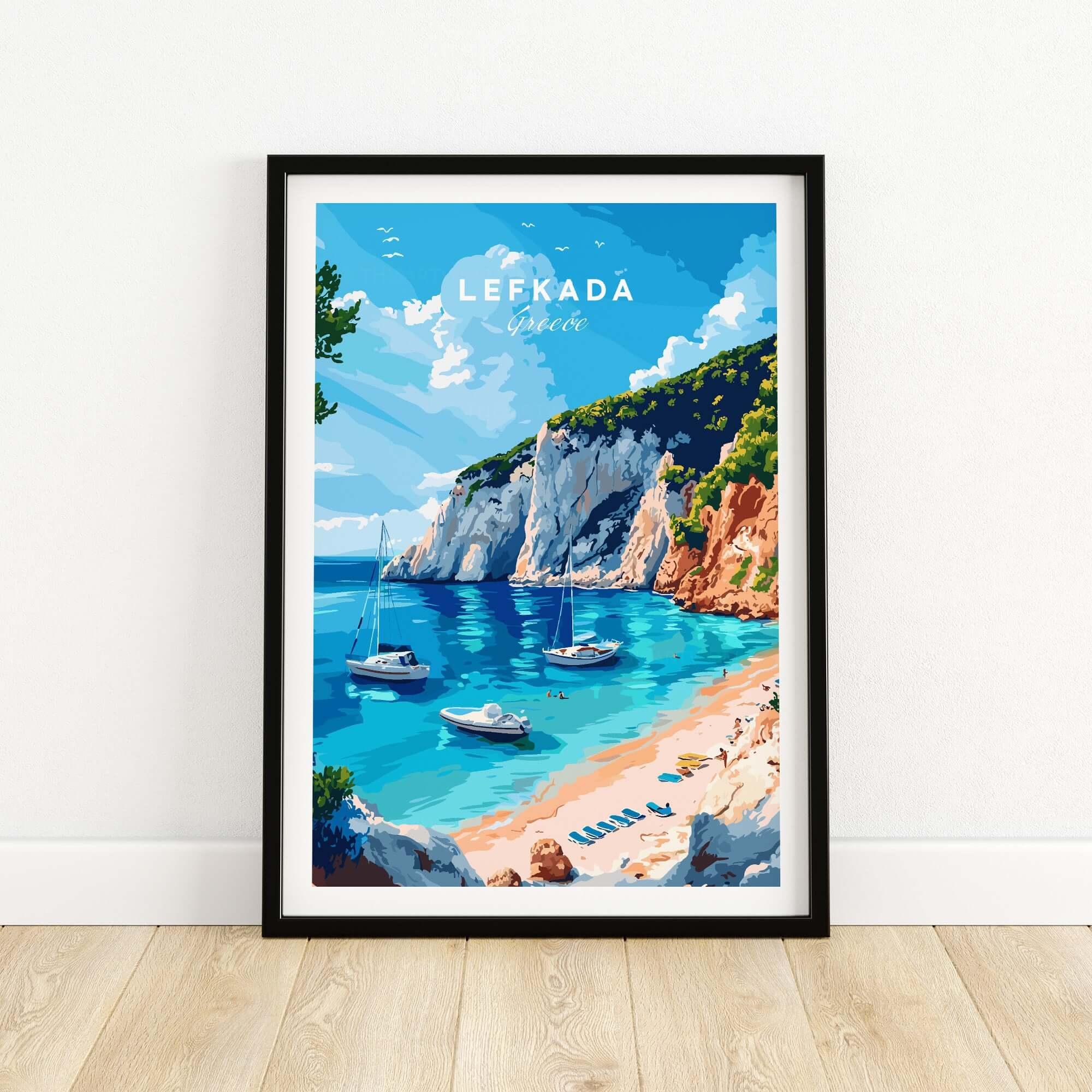 Lefkada Travel Print featuring stunning coastline and boats in crystal clear waters of Greece.
