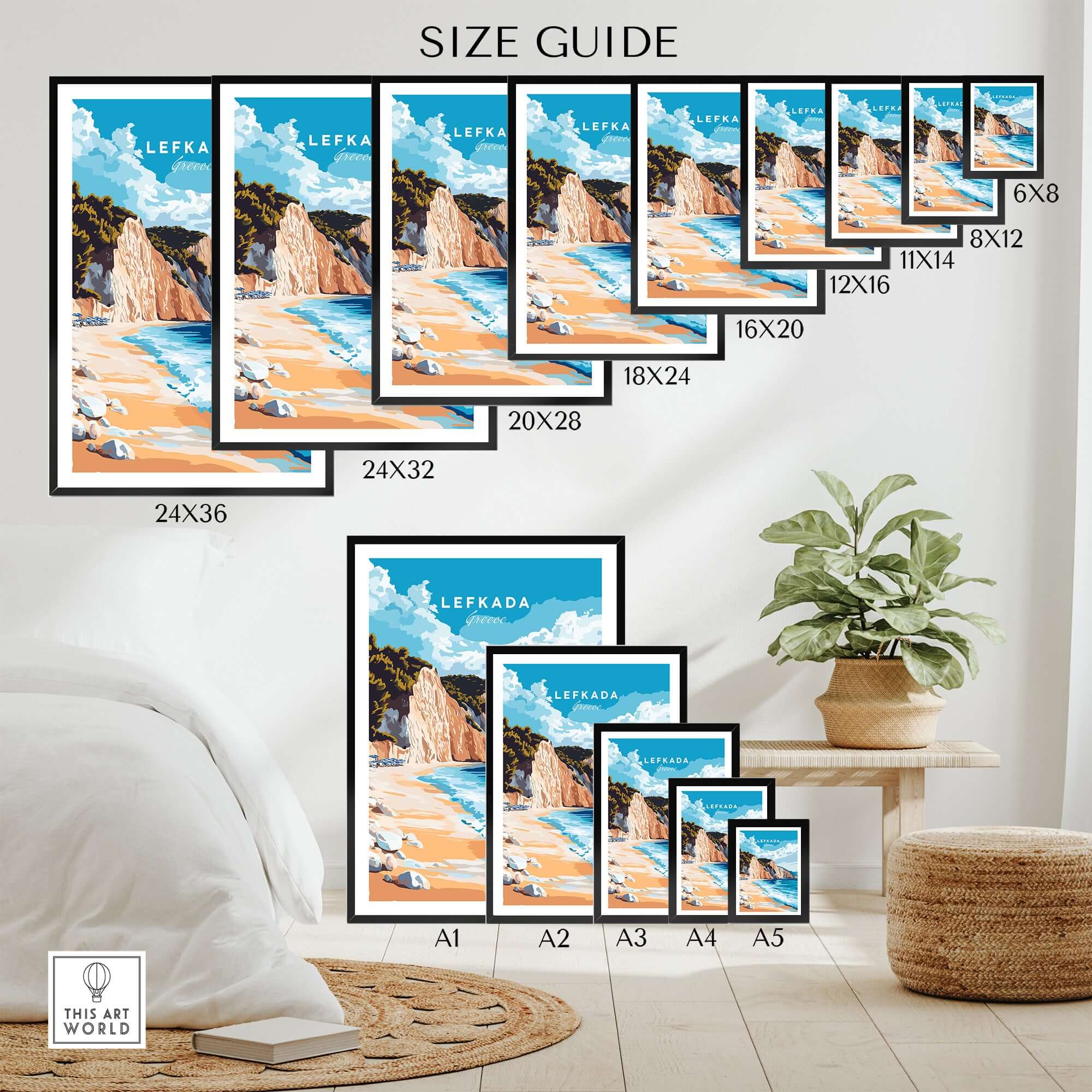 Lefkada Wall Art Size Guide showing various frame sizes for the beach-themed artwork.