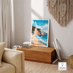 Lefkada Wall Art featuring a serene beach scene in a stylish interior setting