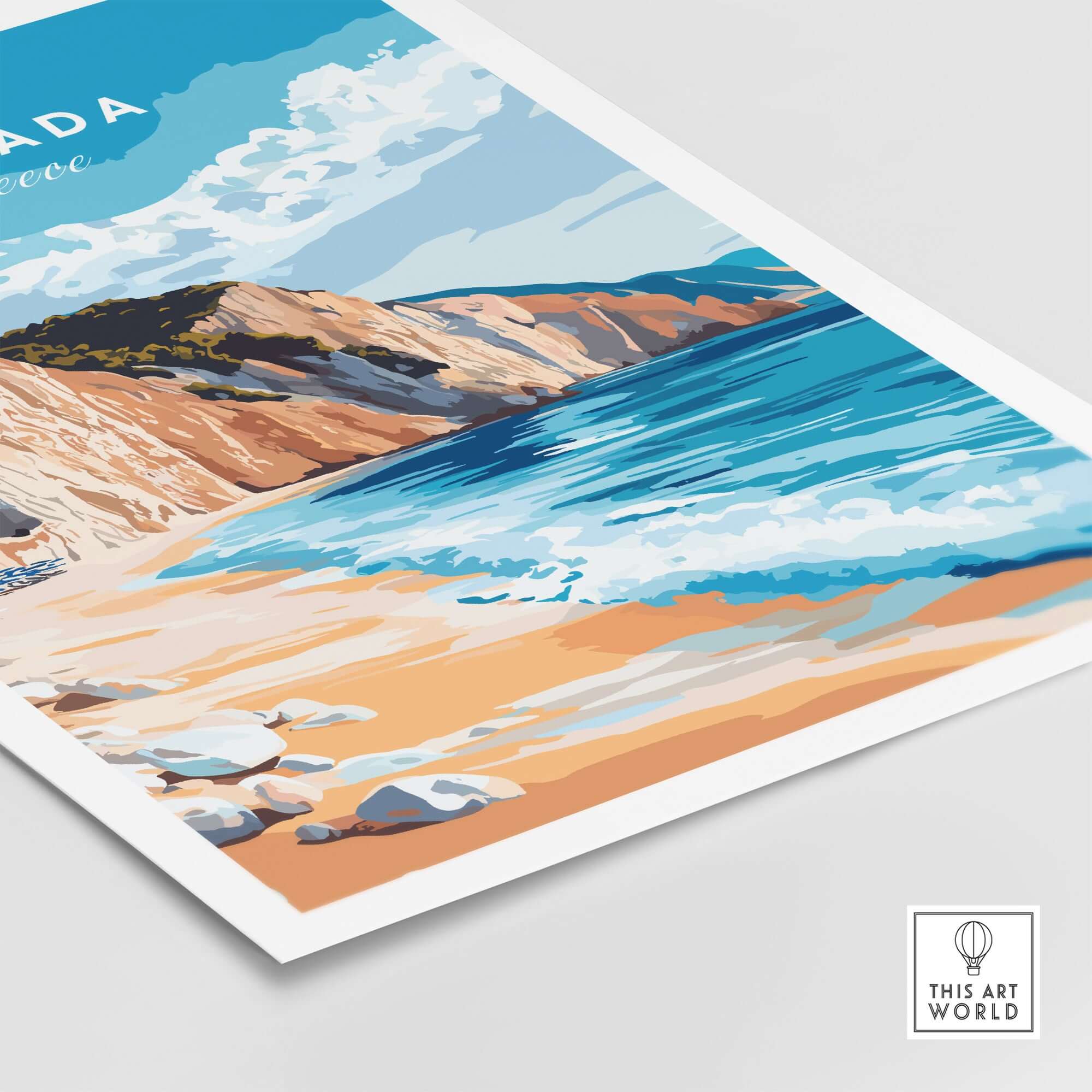 Lefkada Wall Art showcasing a beautiful beach scene with cliffs and vibrant blue waters, perfect for home decor.
