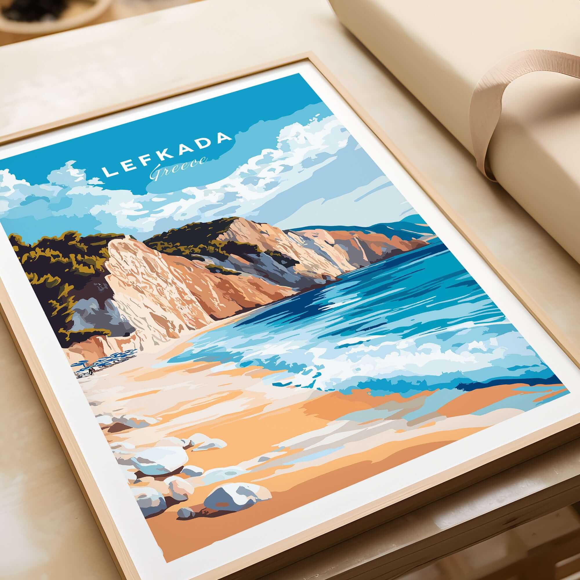 Lefkada Wall Art featuring a serene beach view of Lefkada, Greece with cliffs and clear blue waters.
