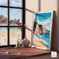 Lefkada Wall Art displayed near a window, showcasing a serene beach view of Lefkada, Greece.