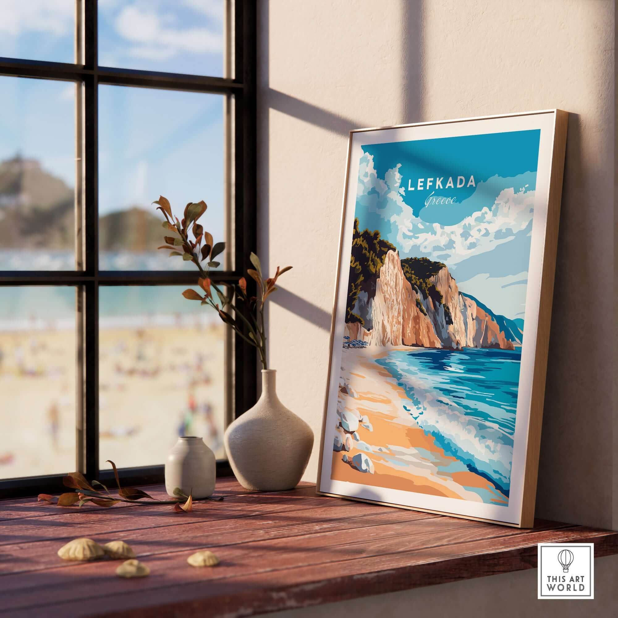Lefkada Wall Art displayed near a window, showcasing a serene beach view of Lefkada, Greece.