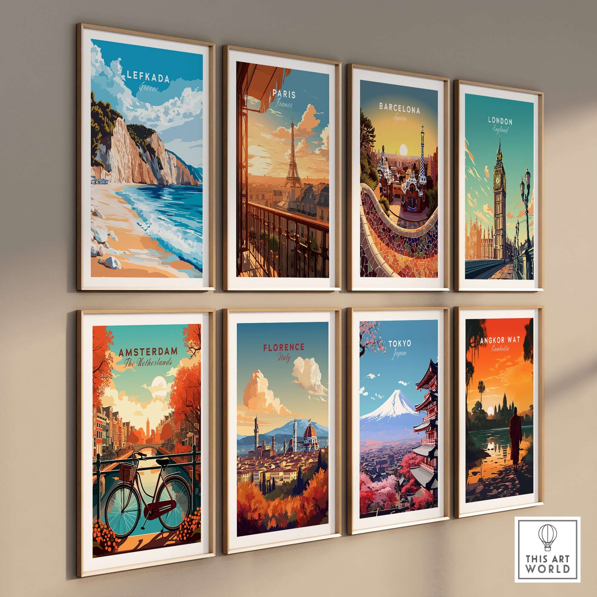 Lefkada Wall Art collection of travel-inspired posters featuring various cities including Lefkada, Paris, and London.