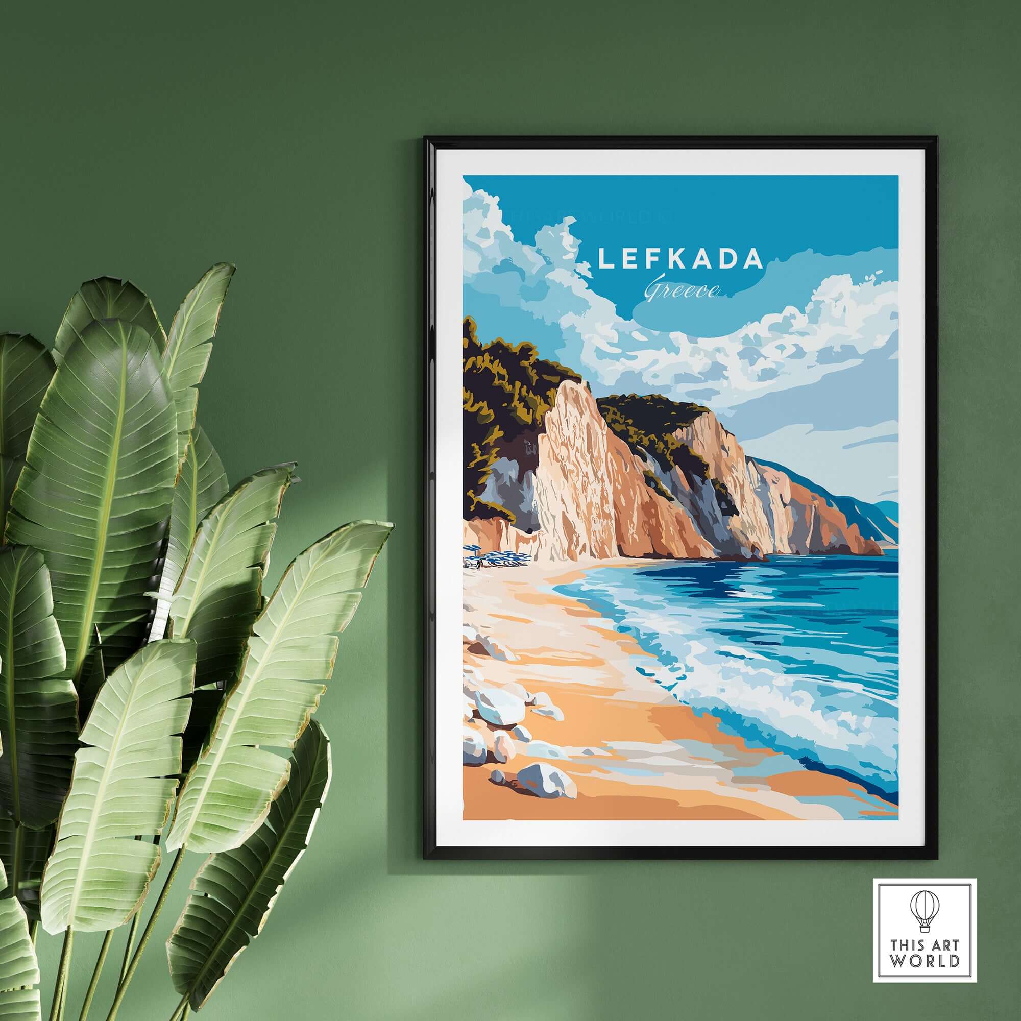 Lefkada Wall Art showcasing a serene beach scene with cliffs and blue waters, perfect for home decor.