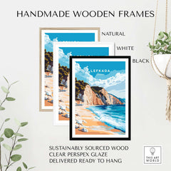 Handmade wooden frames for Lefkada Wall Art in natural, white, and black finishes, perfect for adding elegance.