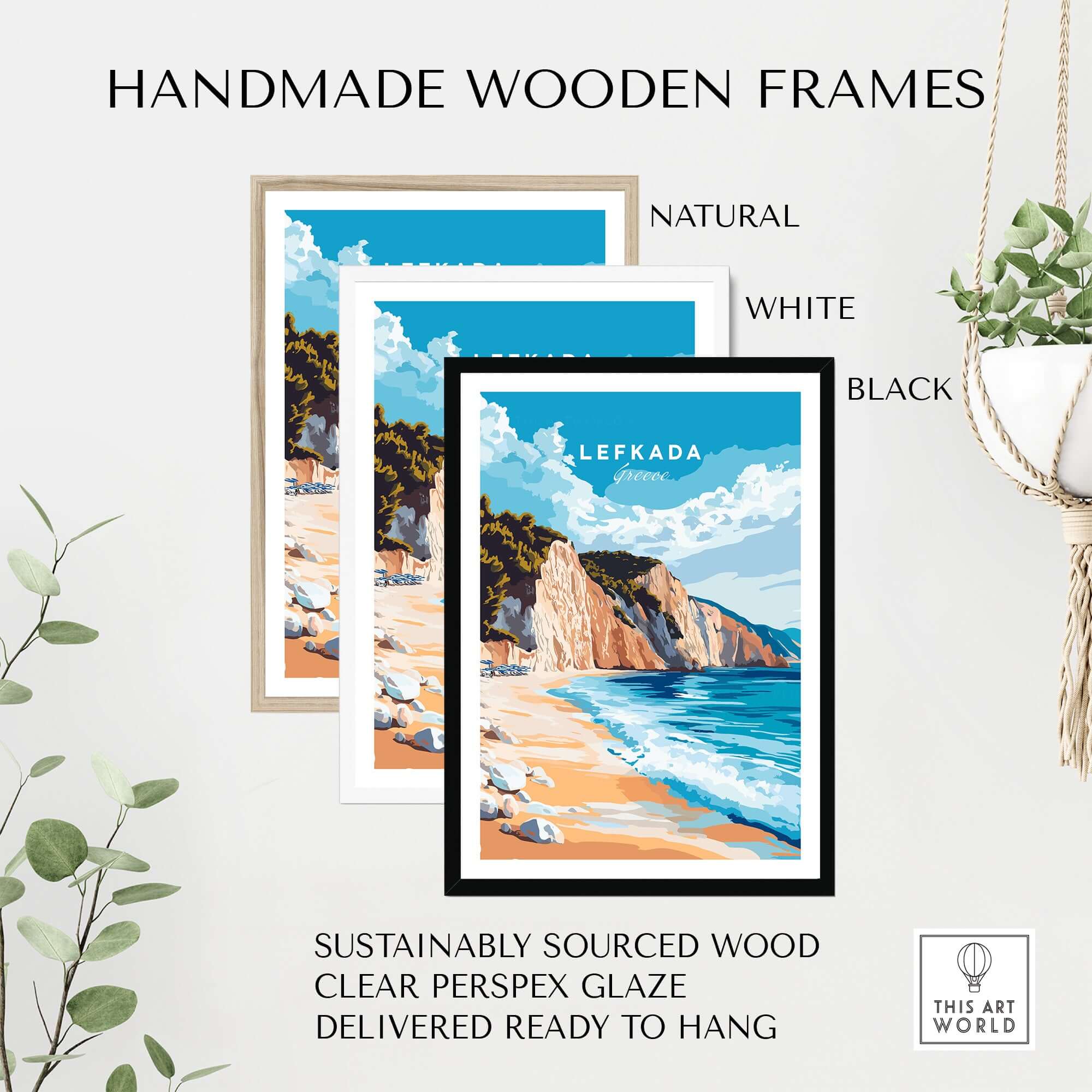 Handmade wooden frames for Lefkada Wall Art in natural, white, and black finishes, perfect for adding elegance.