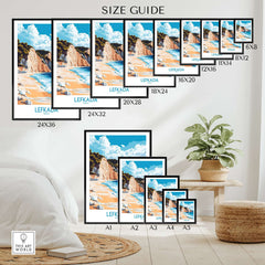 Lefkada Wall Art Print size guide showcasing various frame sizes and coastal design.