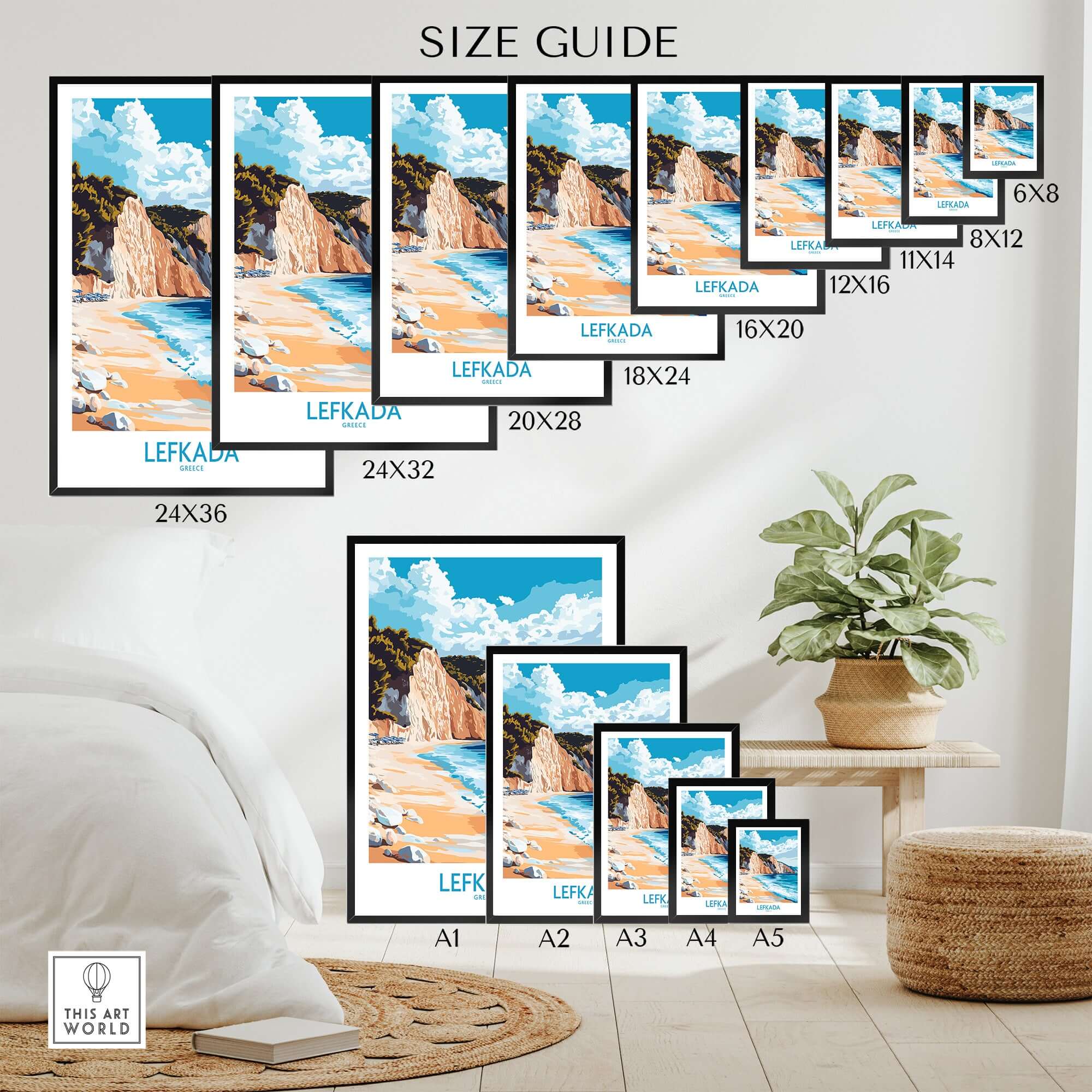 Lefkada Wall Art Print size guide showcasing various frame sizes and coastal design.