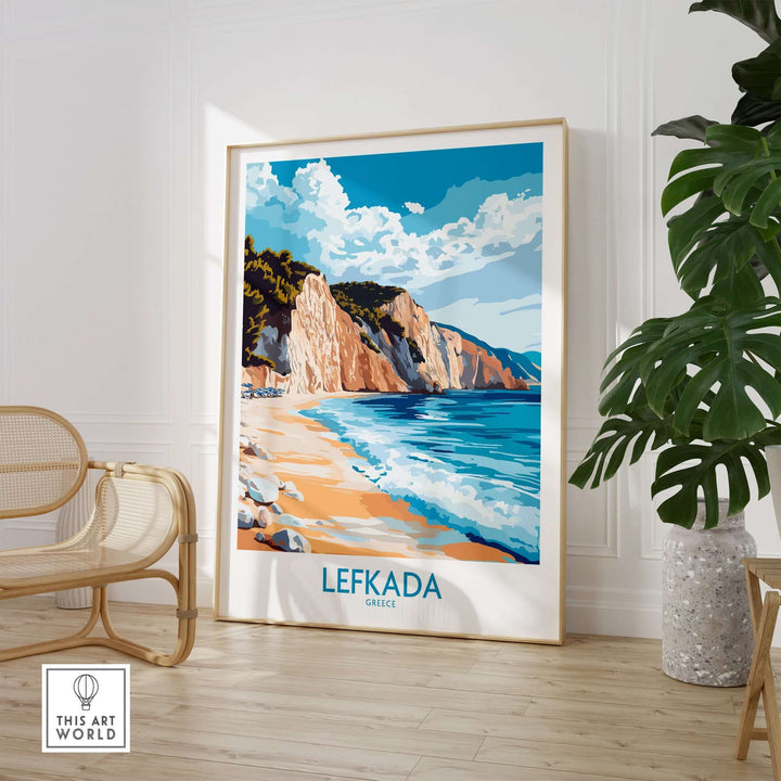 Lefkada Wall Art Print featuring a serene Greek beach scene, enhancing coastal home decor with vibrant colors.